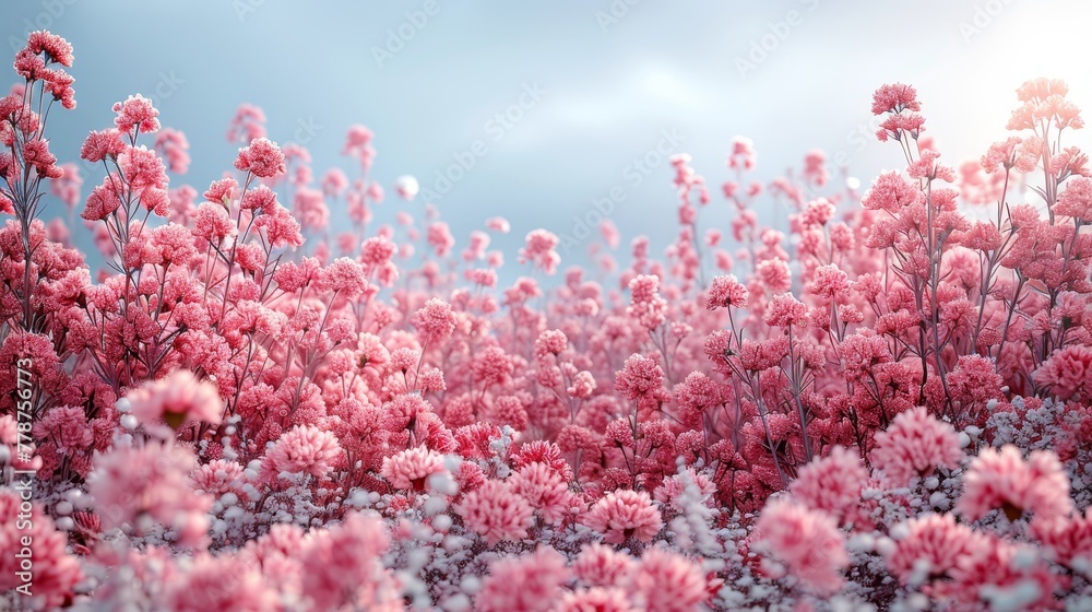 A field of pink flowers, a blue sky in the background, and a few white flowers in the foreground A field of pink flowers, a blue sky in the background, and a few white flowers in the foreground