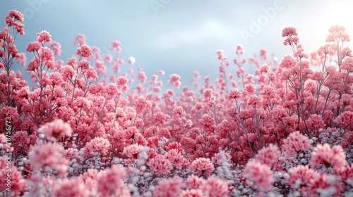  A field of pink flowers, a blue sky in the background, and a few white flowers in the foreground