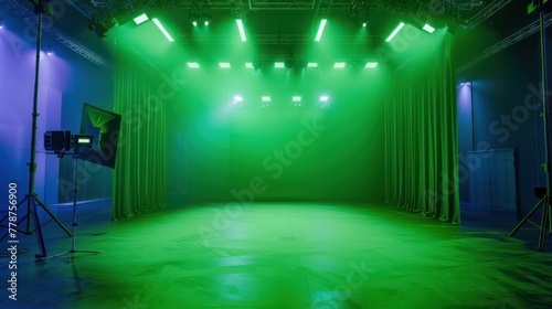 A green room with a green curtain and lights