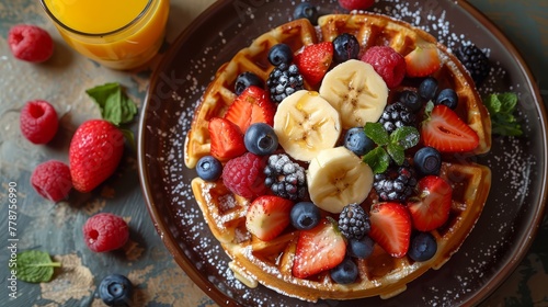  Plate of waffles with sliced bananas, strawberries, and blueberries, served with a glass of orange juice