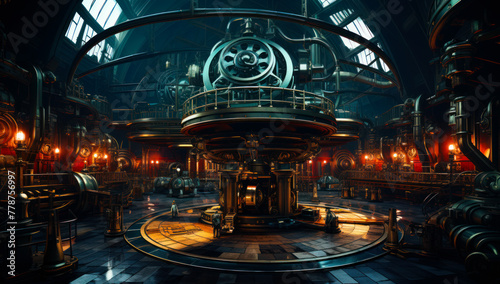 Photo Steampunk interior with massive machinery pipes clocks and giant vault door in the background © Vadim