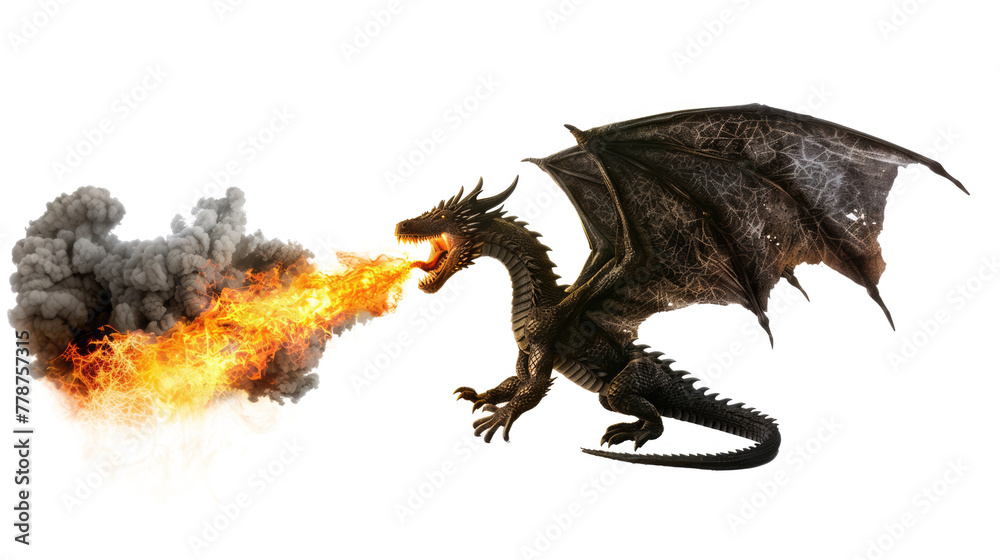 Fototapeta premium black dragon spitting fire isolated on white or transparent