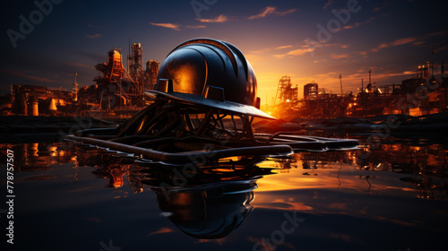 Black helmet and black smartphone are reflected in the water at sunset.