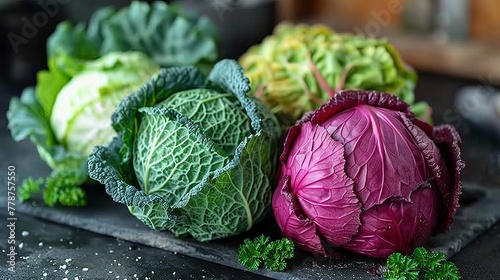   A cluster of cabbages resting atop a cutting board adjacent to a mound of Parmesan cheese