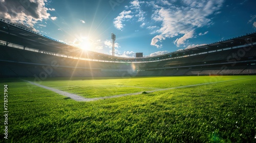 A large stadium with a bright sun shining on the field © Thanaporn