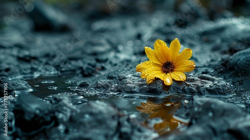   A yellow flower atop a black rock, wet from drops of water and sitting on a puddle © Shanti