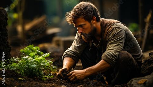 Man kneels in the dirt and plants plant.