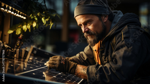 Man works on solar panel. © Vadim