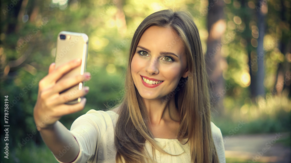 Woman smiling in park with smartphone, selfie moment