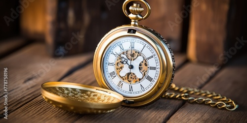 Resting elegantly on a wooden table, a gold pocket watch with Roman numerals adorning its face exudes timeless sophistication.