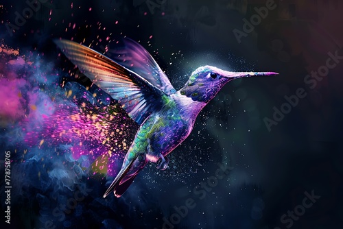 A artistic illustration of a hummingbird made from colorful powder flying in the air against a dark background in  © ABDUL FAROOQ