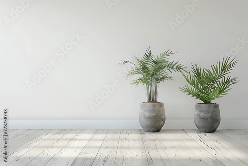  two plants in pots on wooden floor and white wall background
