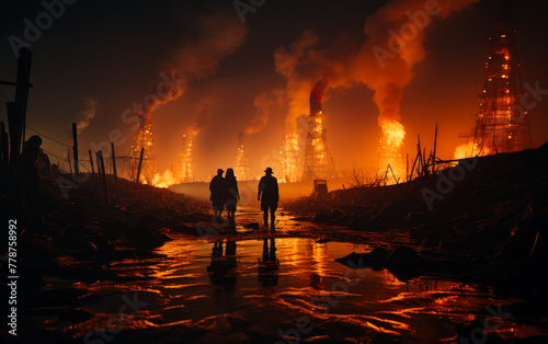 People walk through the burning city at night