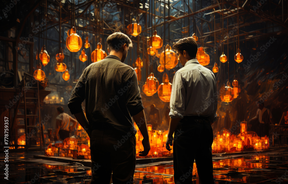 Two men stand in room full of lanterns Two men stand in room full of lanterns