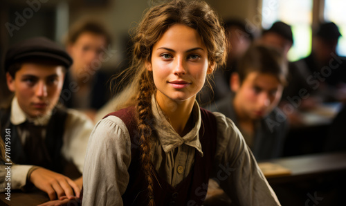 Young girl sits in classroom with her hair in braids and red vest.