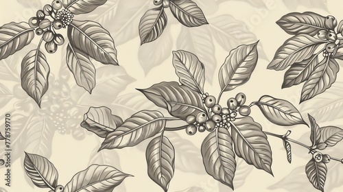  A monochromatic illustration featuring foliage and fruits against a light beige backdrop, showcasing the arrangement of leaves and berries