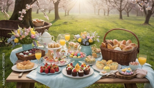 An idyllic Easter picnic setup outdoors with a spread of brunch foods, pastries, and eggs on a sunny spring day. AI Generation