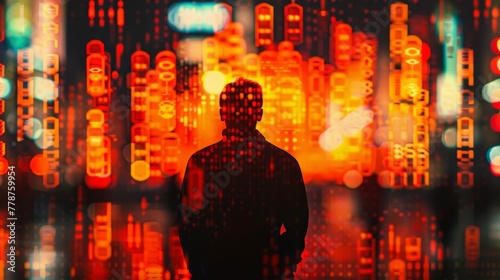 A man stands in front of a cityscape with a blurry background. The image has a futuristic and abstract feel to it, with the man's silhouette and the city lights creating a sense of mystery