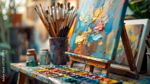 Vibrant Artist's Palette and Canvas in Studio 