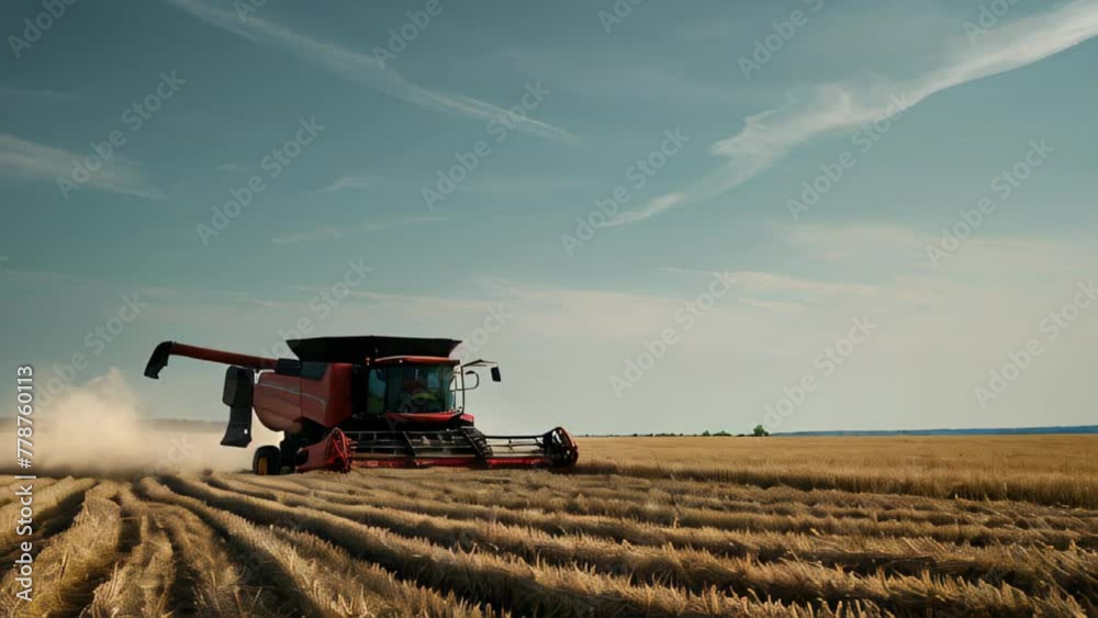 A red combine harvester is in the middle of a field of wheat