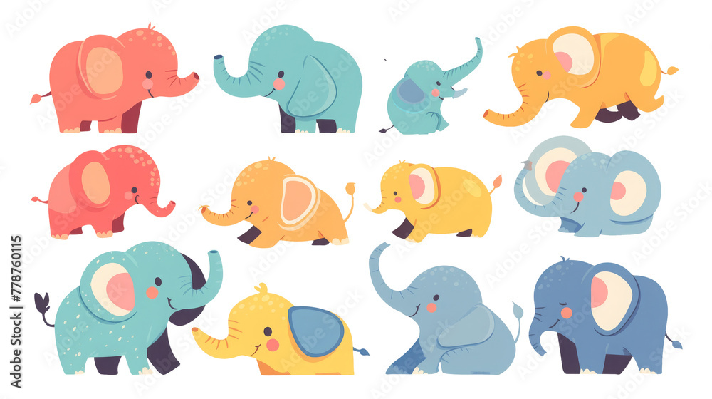 Fototapeta premium Adorable Cartoon Elephants in Pastel Colors isolated