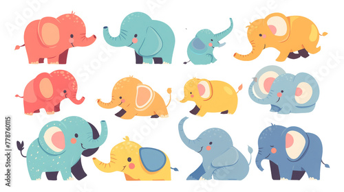 Adorable Cartoon Elephants in Pastel Colors isolated