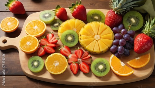 A beautifully presented fruit selection on a wooden board  including sliced mango  strawberries  and citrus. AI Generation