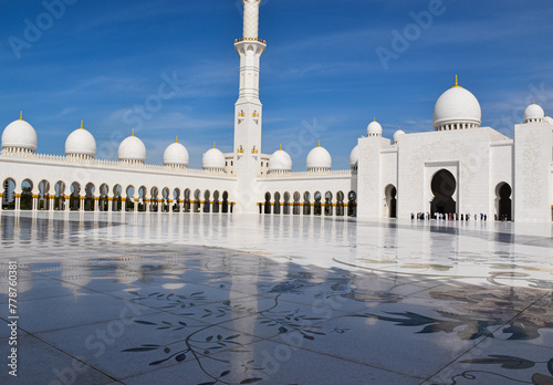 Abu Dhabi, United Arab Emirates: January 25, 2024 - Close view of Sheikh Zayed Grand Mosque, Abu Dhabi