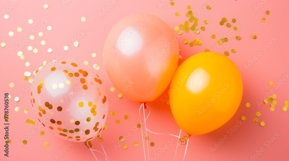   A pair of balloons sit on a pink background with gold confetti strewn around them