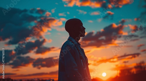 A man is standing in a field with a beautiful sunset in the background. The sky is filled with clouds, creating a moody atmosphere. The man is lost in thought