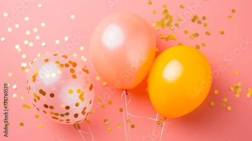  A pair of balloons sit on a pink background with gold confetti strewn around them
