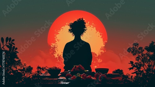 A woman is sitting in front of a large red moon. The scene is peaceful and serene, with the woman appearing to be in a meditative state. The red moon in the background adds to the calming atmosphere