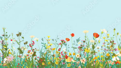 Pastel-hued digital artwork capturing a light and airy meadow of wildflowers under a clear sky