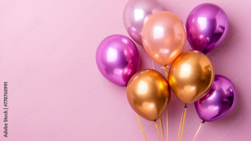  A Pink Background with Gold and Purple Balloons and a Stick