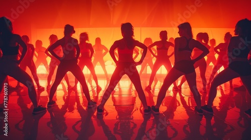 A group of women are dancing in a studio with a red background. The women are wearing black and white outfits