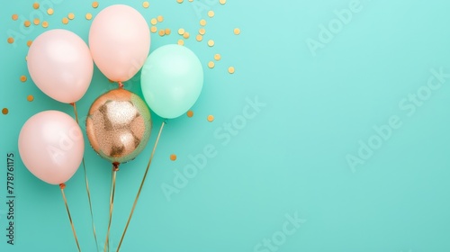  Balloons on stick with confetti, blue background, confetti in air