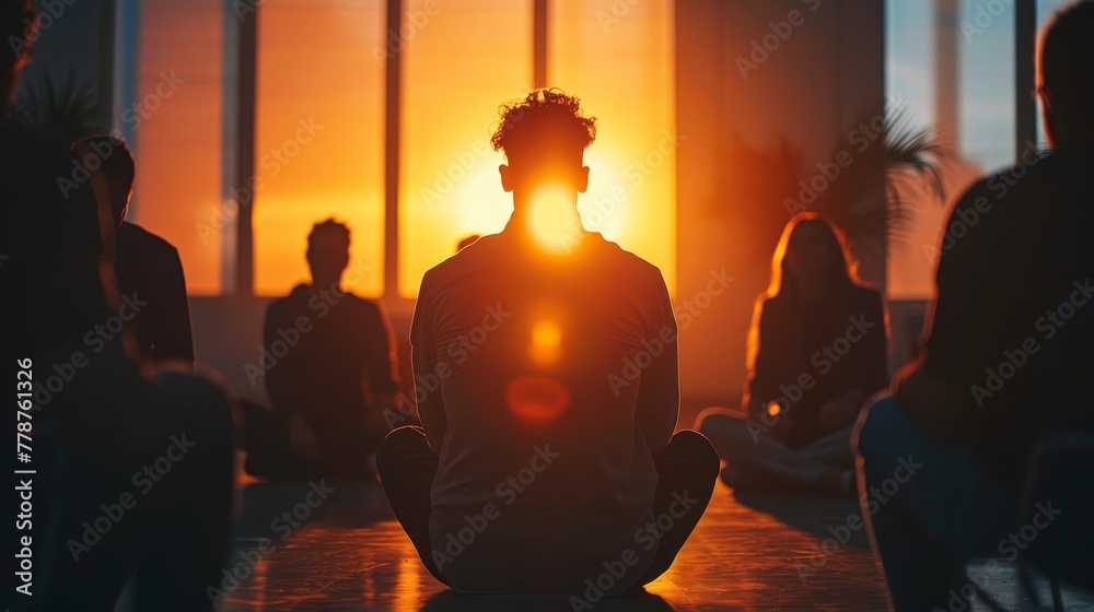 A group of people are sitting in a circle, one of them is looking at the sun A group of people are sitting in a circle, one of them is looking at the sun