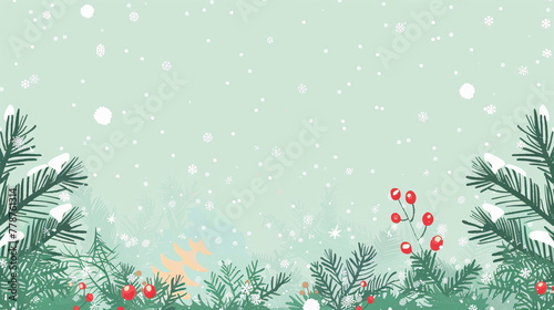 This digital image depicts a snowy wintery scene with green foliage and red berries adding a pop of color