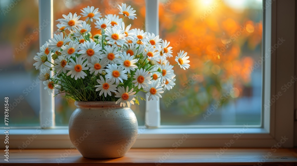 A vase brimming with daisies perched on a sill facing sunlight streaming through the glass A vase brimming with daisies perched on a sill facing sunlight streaming through the glass