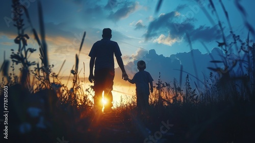 A man and a child are walking together in a field at sunset. The man is holding the child's hand, and they both seem to be enjoying the moment. Scene is peaceful and serene, as the sun sets