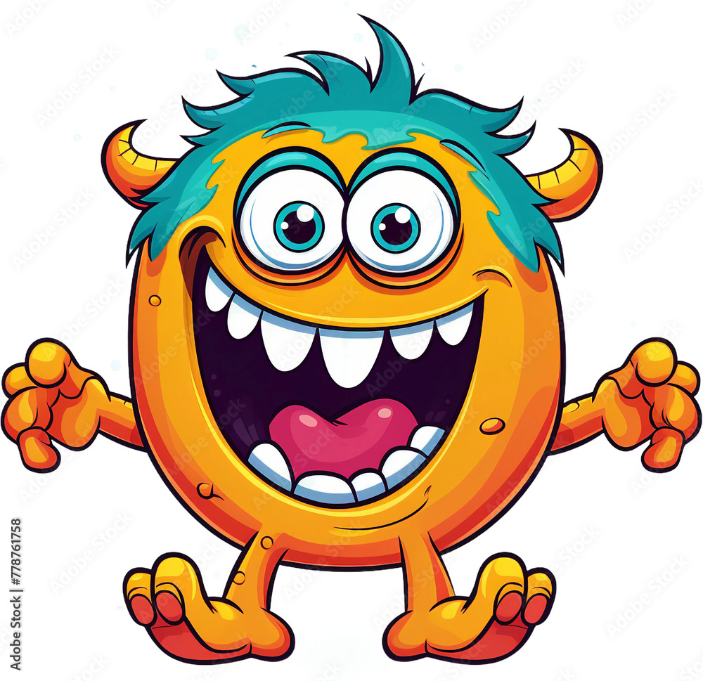 Jubilant Orange Monster with Wild Blue Hair and Open Arms
