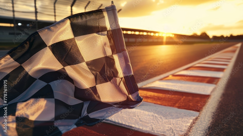 Naklejka premium Waving checkered flag with racing track in background. 