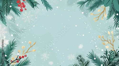 This festive image showcases a winter holiday theme with snowflakes, berries, and green foliage surrounding a space for text or design