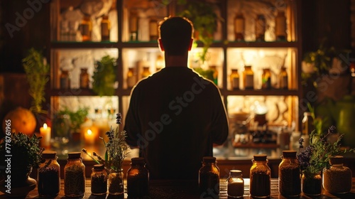A man is standing in front of a shelf full of jars and bottles. The jars and bottles are filled with various herbs and spices. The man is a bartender, possibly preparing a drink or a cocktail