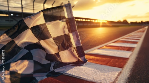 Waving checkered flag with racing track in background.  photo