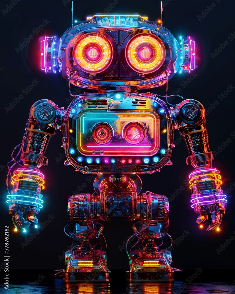 A 3D collage of iconic sci-fi movie robots reimagined in neon pop art style