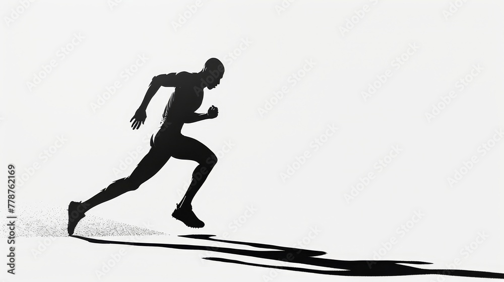 A man running in the distance with a shadow behind him. Concept of motion and energy, as the runner appears to be in the midst of a race or a sprint
