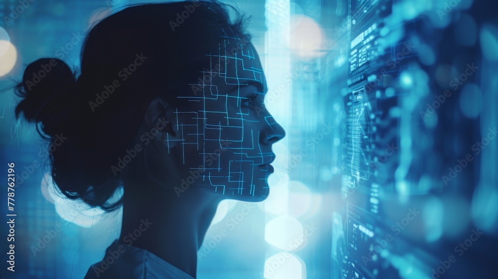 A woman is looking at a computer screen with a face on it. The face is made up of computer code and he is a digital representation of a woman. Concept of technology and artificial intelligence