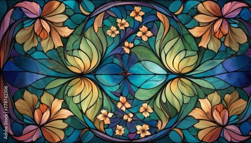 A striking stained glass design with a symmetrical arrangement of flowers and leaves in rich, luminous colors, perfect for backgrounds or decorative themes.. AI Generation