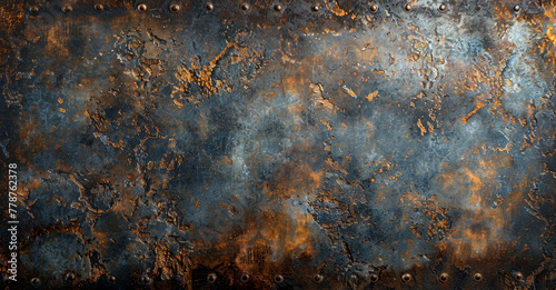  A rusted metal background with rivets at the bottom and sides of the wall